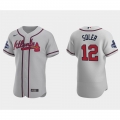 Men's Atlanta Braves #12 Jorge Soler 2021 Grey World Series Champions Flex Base Stitched Jersey