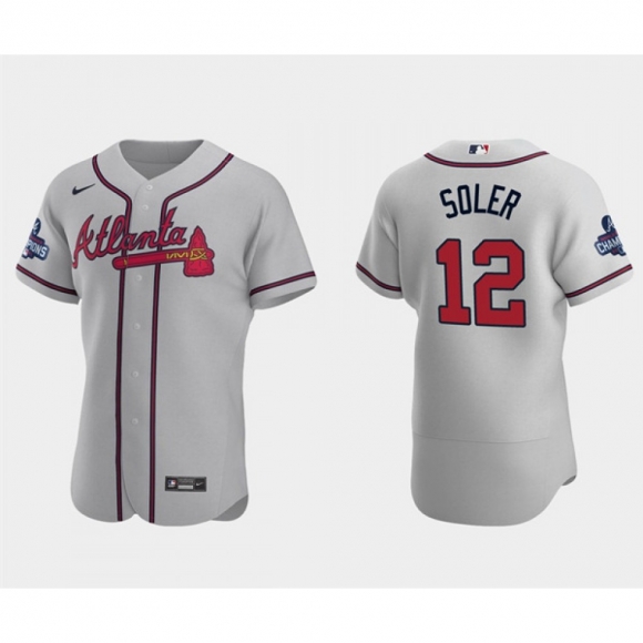 Men's Atlanta Braves #12 Jorge Soler 2021 Grey World Series Champions Flex Base Stitched Jersey