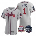 Men's Atlanta Braves #1 Ozzie Albies 2021 Gray World Series With 150th Anniversary Patch Stitched Baseball Jersey