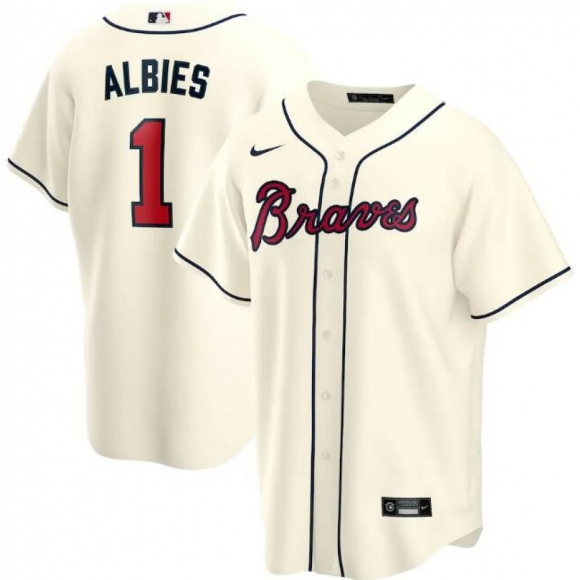 Men's Atlanta Braves #1 Ozzie Albies Cream Cool Base Stitched Jersey
