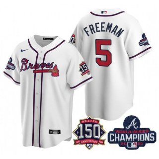 Men's Atlanta Braves #5 Freddie Freeman 2021 White World Series Champions With 150th Anniversary Patch Cool Base Stitched Jersey
