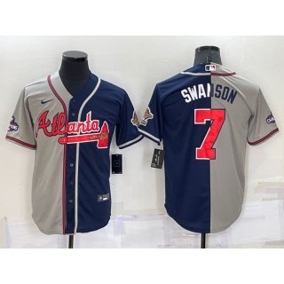Men's Atlanta Braves #7 Dansby Swanson Gray Navy Two Tone Split Cool Base Stitched Baseball Jersey