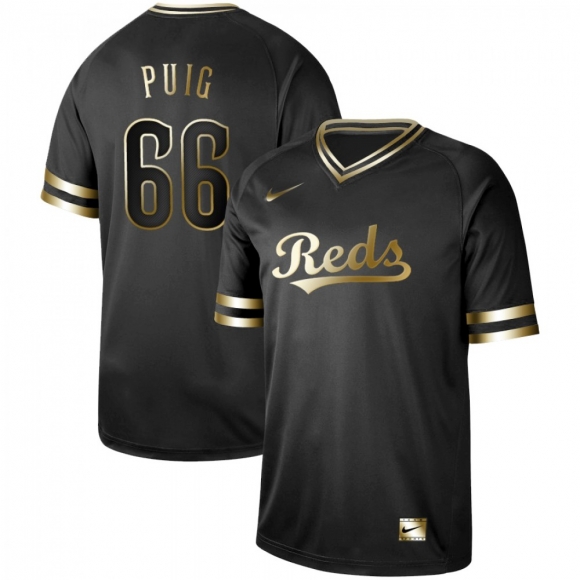Men's Cincinnati Reds #66 Yasiel Puig Black Gold Stitched MLB Jersey