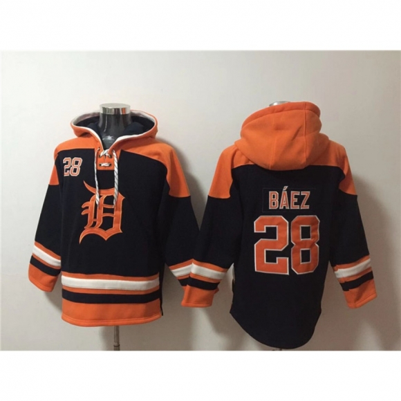 Men's Detroit Tigers #28 Javier Baez Black/Orange Lace-Up Pullover Hoodie