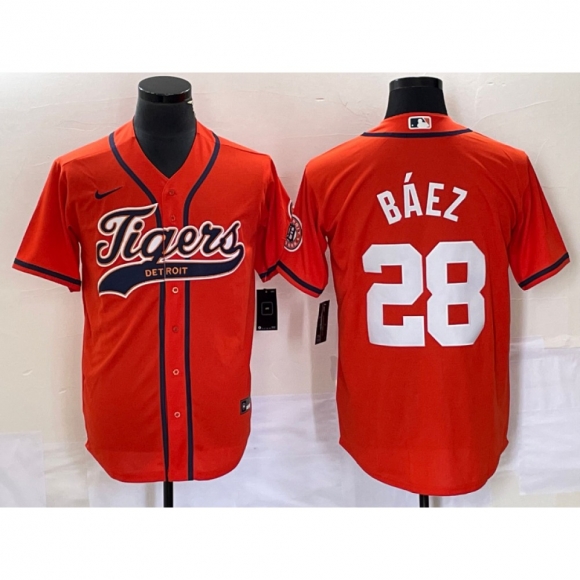 Men's Detroit Tigers #28 Javier Baez Orange Cool Base Stitched Baseball Jersey