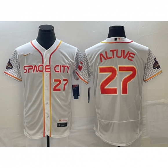 Men's Houston Astros #27 Jose Altuve White With 2022 World Serise Champions Patch Stitched Baseball Jersey