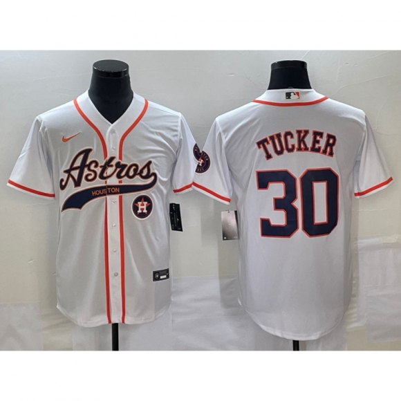 Men's Houston Astros #30 Kyle Tucker White With Patch Cool Base Stitched Baseball Jersey