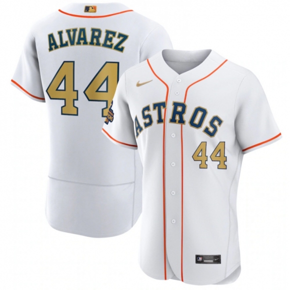 Men's Houston Astros #44 Yordan Alvarez White 2023 Gold Collection With World Serise Champions Patch Stitched Baseball Jersey
