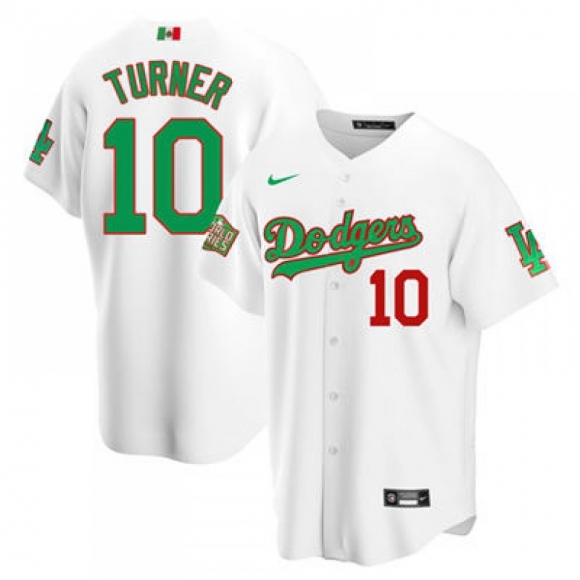 Men's Los Angeles Dodgers #10 Justin Turner White Green Mexico 2020 World Series Stitched Jersey