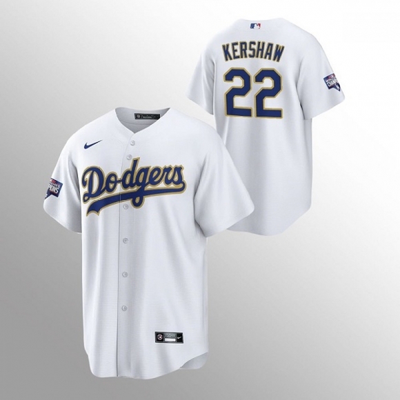 Men's Los Angeles Dodgers #22 Clayton Kershaw White Champions Patch Gold Program Cool Base Stitched Jersey