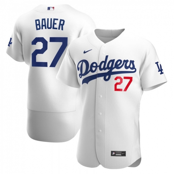 Men's Los Angeles Dodgers #27 Trevor Bauer White flex base Sttiched Jersey