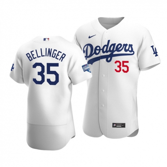 Men's Los Angeles Dodgers #35 Cody Bellinger 2020 White World Series Champions Patch Flex Base Sttiched Jersey
