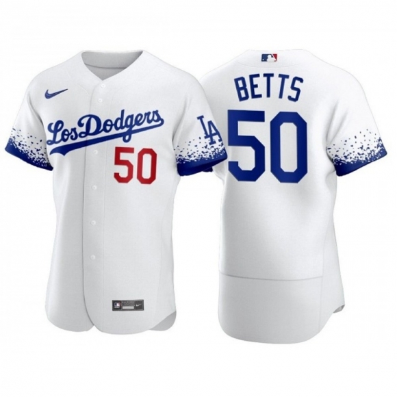 Men's Los Angeles Dodgers #50 Mookie Betts 2021 White City Connect Flex Base Stitched Baseball Jersey