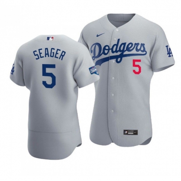 Men's Los Angeles Dodgers #5 Corey Seager 2020 Grey World Series Champions Patch Flex Base Sttiched Jersey