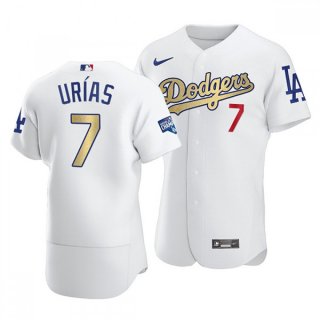 Men's Los Angeles Dodgers #7 Julio Urias 2021 White Gold World Series Champions Patch Sttiched Jersey