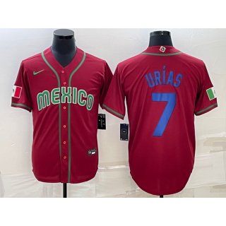 Men's Mexico Baseball #7 Julio Urias 2023 Red Blue World Baseball Classic Stitched Jersey