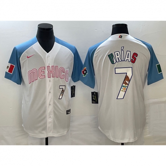Men's Mexico Baseball #7 Julio Urias 2023 White Blue World Baseball Classic With Patch Stitched Jersey