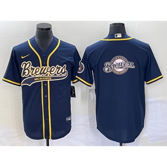 Men's Milwaukee Brewers Navy Team Big Logo Cool Base Stitched Jersey