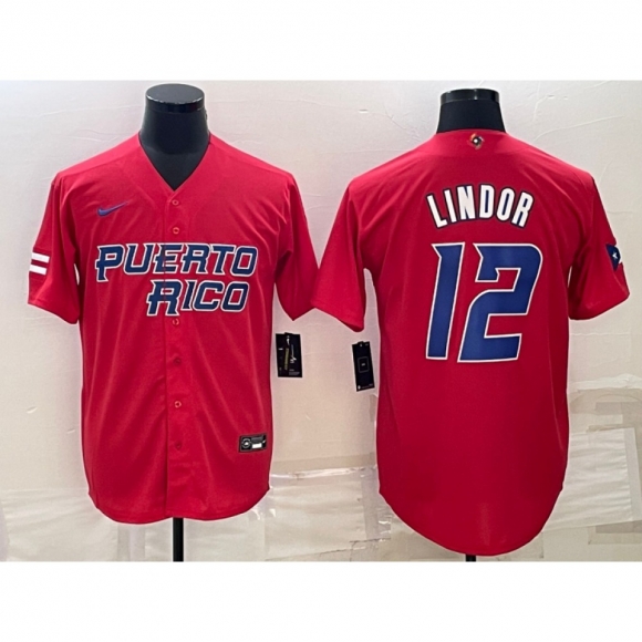 Men's Puerto Rico Baseball #12 Francisco Lindor 2023 Red World Baseball Classic Stitched Jersey