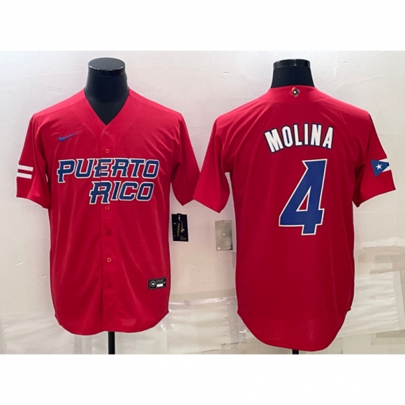 Men's Puerto Rico Baseball #4 Yadier Molina 2023 Red World Baseball Classic Stitched Jersey