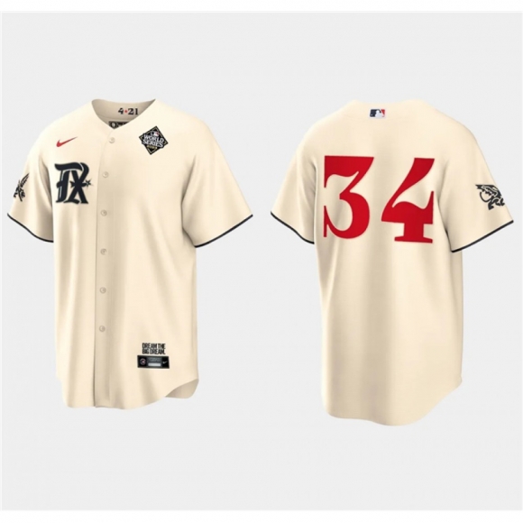 Men's Texas Rangers #34 Nolan Ryan Cream 2023 World Series City Connect Stitched Baseball Jersey