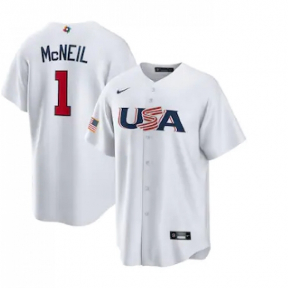 Men's USA Baseball #1 Jeff McNeil 2023 White World Baseball Classic Stitched Jersey