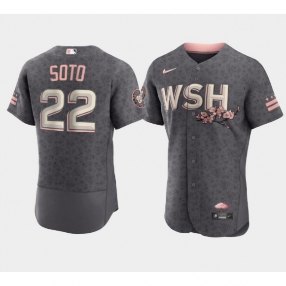 Men's Washington Nationals #22 Juan Soto 2022 Grey City Connect Cherry Blossom Flex Base Stitched MLB Jersey
