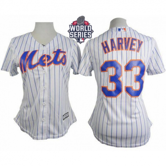 Mets #33 Matt Harvey White(Blue Strip) W/2015 World Series Patch Women's Home Stitched MLB Jersey