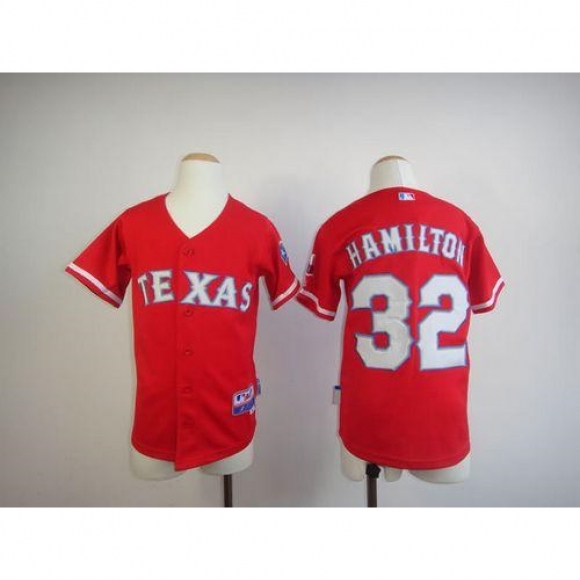 Rangers #32 Josh Hamilton Red 2010 World Series Patch Stitched Youth MLB Jersey