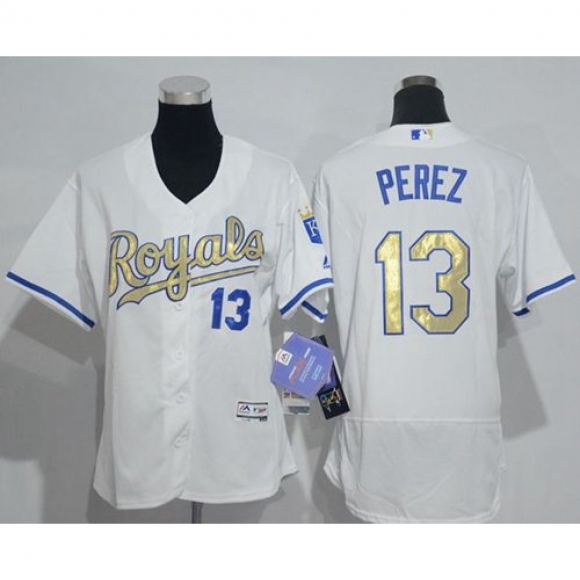 Royals #13 Salvador Perez White Flexbase Authentic 2015 World Series Champions Gold Program Cool Base Women's Stitched MLB Jersey
