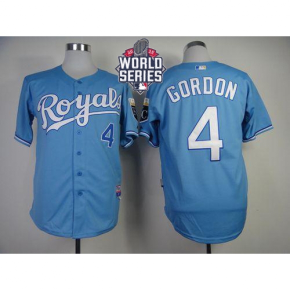 Royals #4 Alex Gordon Light Blue Cool Base W/2015 World Series Patch Stitched MLB Jersey