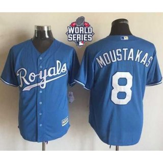 Royals #8 Mike Moustakas Light Blue Alternate 1 New Cool Base W/2015 World Series Patch Stitched MLB Jersey