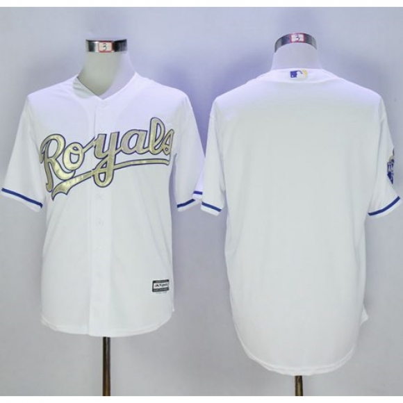 Royals Blank White New Cool Base 2015 World Series Champions Gold Program Stitched MLB Jersey