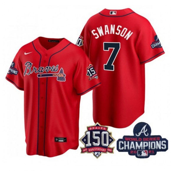 Women's Atlanta Braves #7 Dansby Swanson 2021 Red World Series Champions With 150th Anniversary Patch Cool Base Stitched Jersey(Run Small)