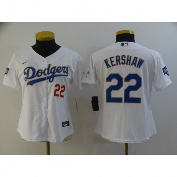 Women's Los Angeles Dodgers #22 Clayton Kershaw White Gold Championship Cool Base Stitched Jersey(Run Small)