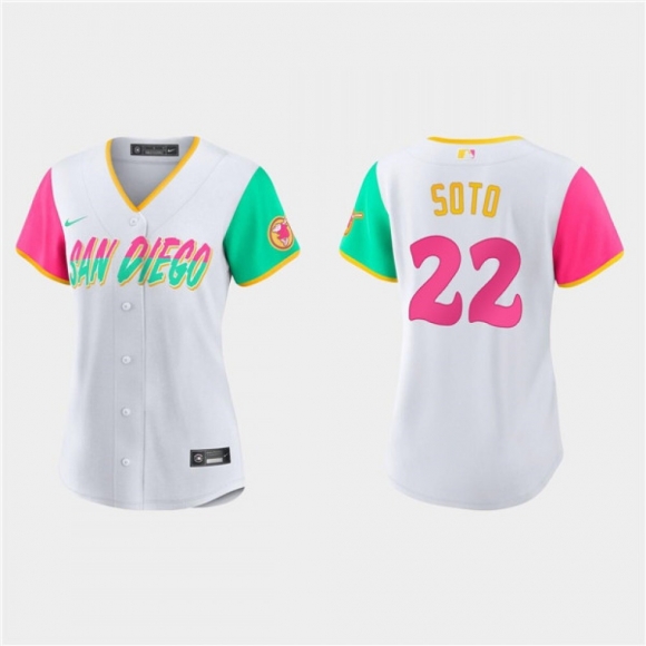 Women's San Diego Padres #22 Juan Soto 2022 White City Connect Cool Base Stitched Baseball Jersey(Run Small)