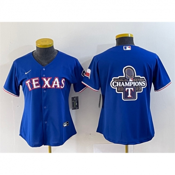 Women's Texas Rangers Royal 2023 World Series Champions Big Logo With Patch Stitched Baseball Jersey(Run Small)